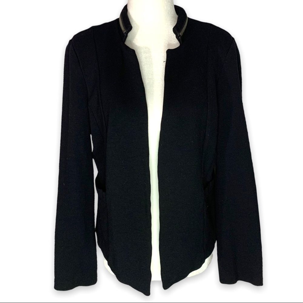 Stoosh Women's Large Black Open Front Blazer Notched Collar Zipper Detail Career